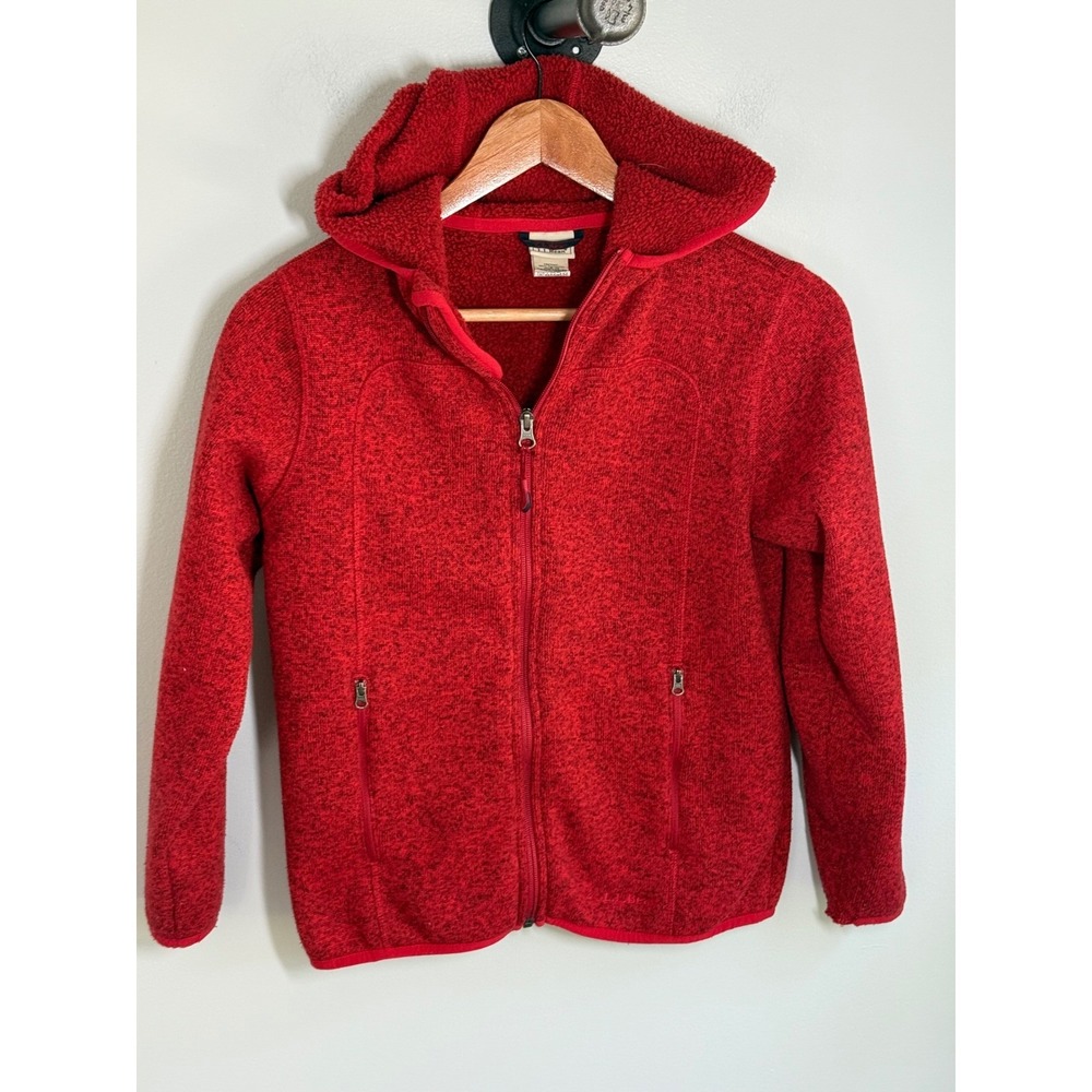 LL Bean Sweater Fleece Hooded Jacket Red Heather Full Zip Kids Medium 10-12